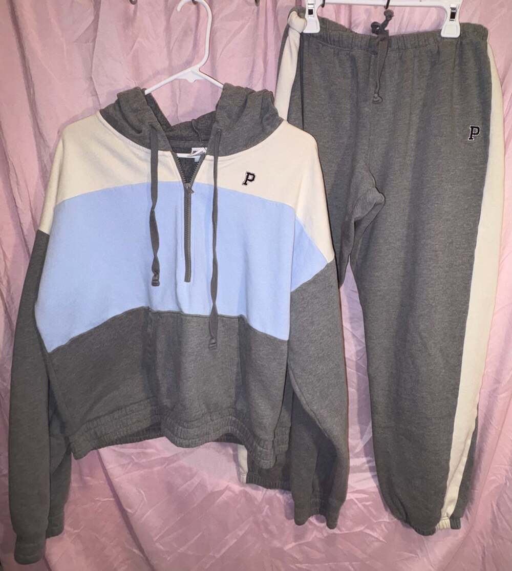 Victoria's Secret PINK Quarter Zip Pullover Hoodie & Jogger Set Gray Blue Size L